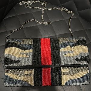 Beaded Camo clutch, chain strap new purse